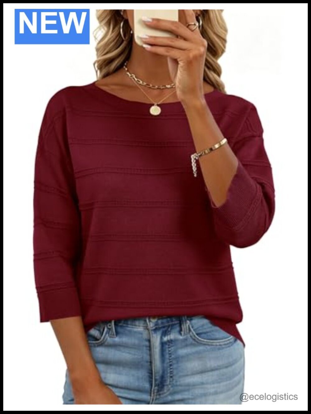 Women's Boat Neck 3/4 Sleeve Lightweight Knit Pullover Sweater